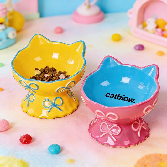 Cat Biow® Cat Bowls - Cute Ceramic Food and Water Bowls with Bow Tie Design, Cat Ears, and Brand Logo – Perfect for Cats & Small Pets