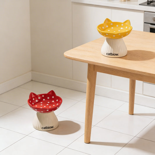 Cat Biow® Ceramic Cat Bowls with Cat-Ear & Polka Dot Design – Fun, Colorful Food & Water Bowls with Non-Slip Base, Ideal for Cats & Small Pets