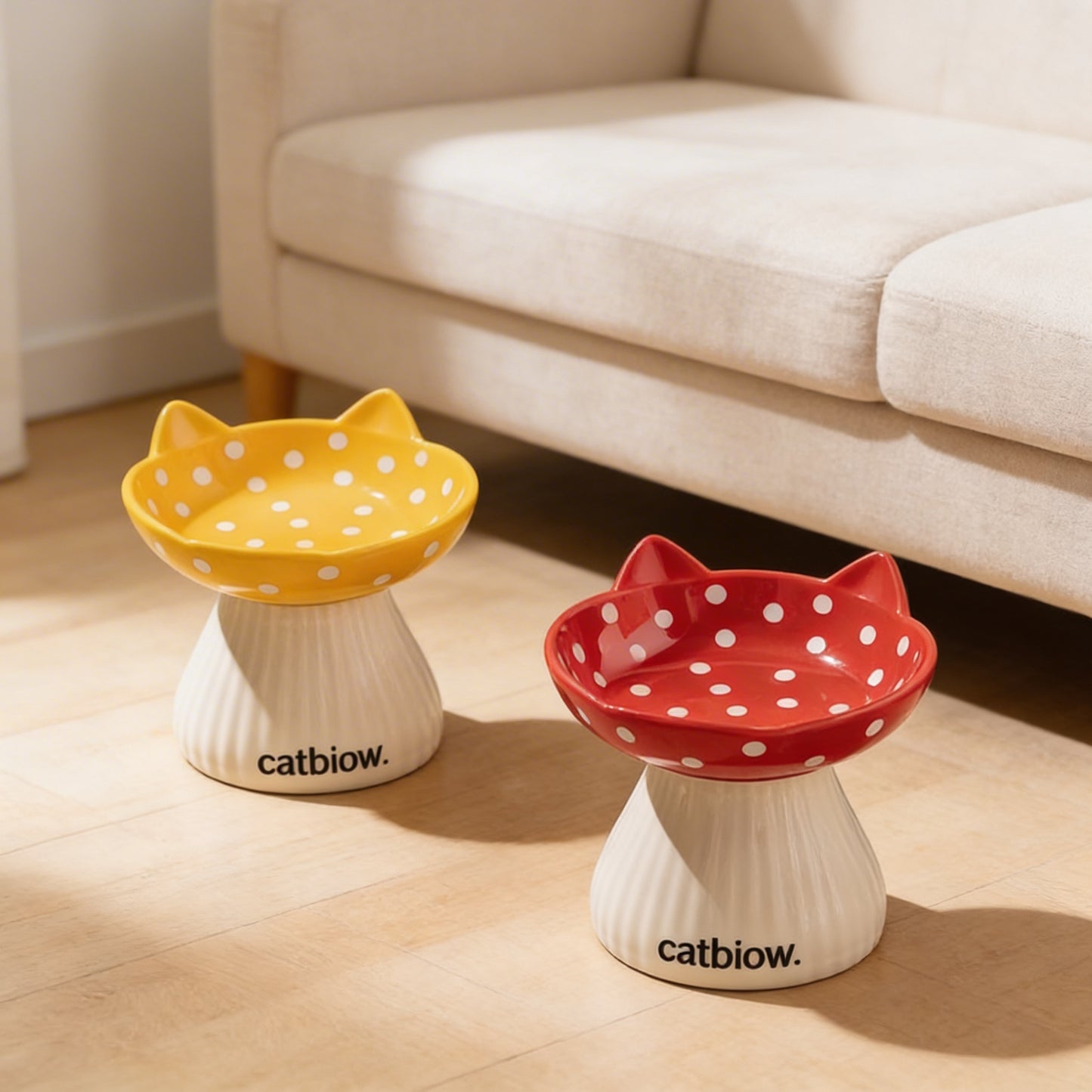 Cat Biow® Ceramic Cat Bowls with Cat-Ear & Polka Dot Design – Fun, Colorful Food & Water Bowls with Non-Slip Base, Ideal for Cats & Small Pets