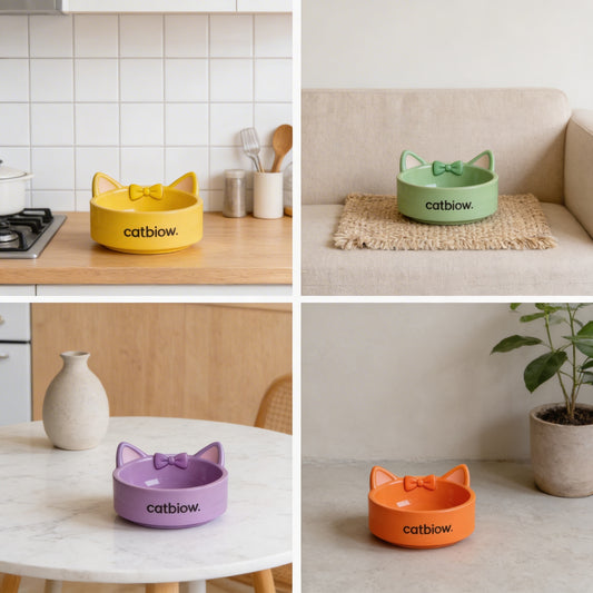 Cat Biow® Cat Bowls – Cute Cat-Ear & Bow Design Ceramic Bowls for Food and Water, Non-Slip Base, Fun and Functional Pet Bowls