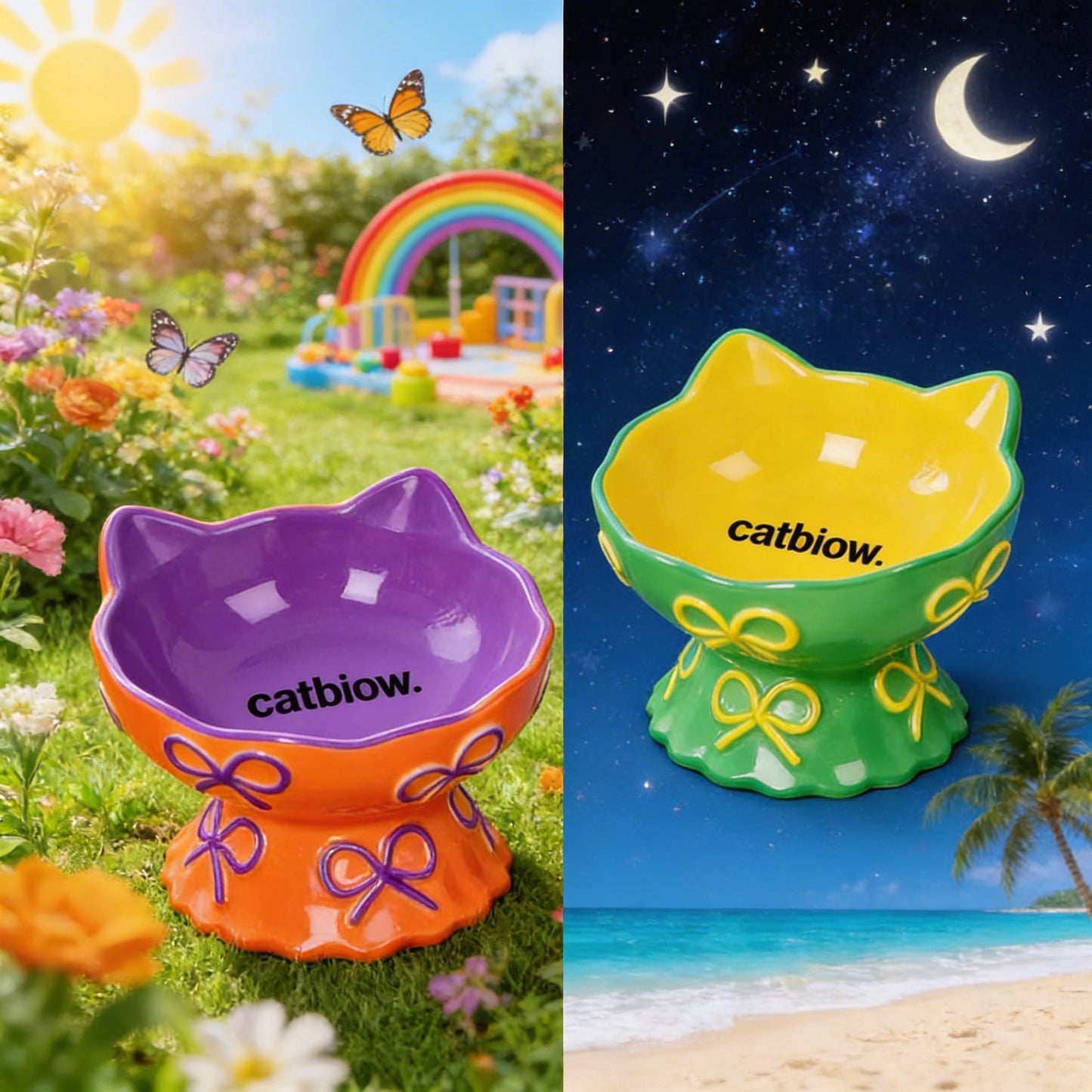 Cat Biow® Cat Bowls - Cute Ceramic Food and Water Bowls with Bow Tie Design, Cat Ears, and Brand Logo – Perfect for Cats & Small Pets