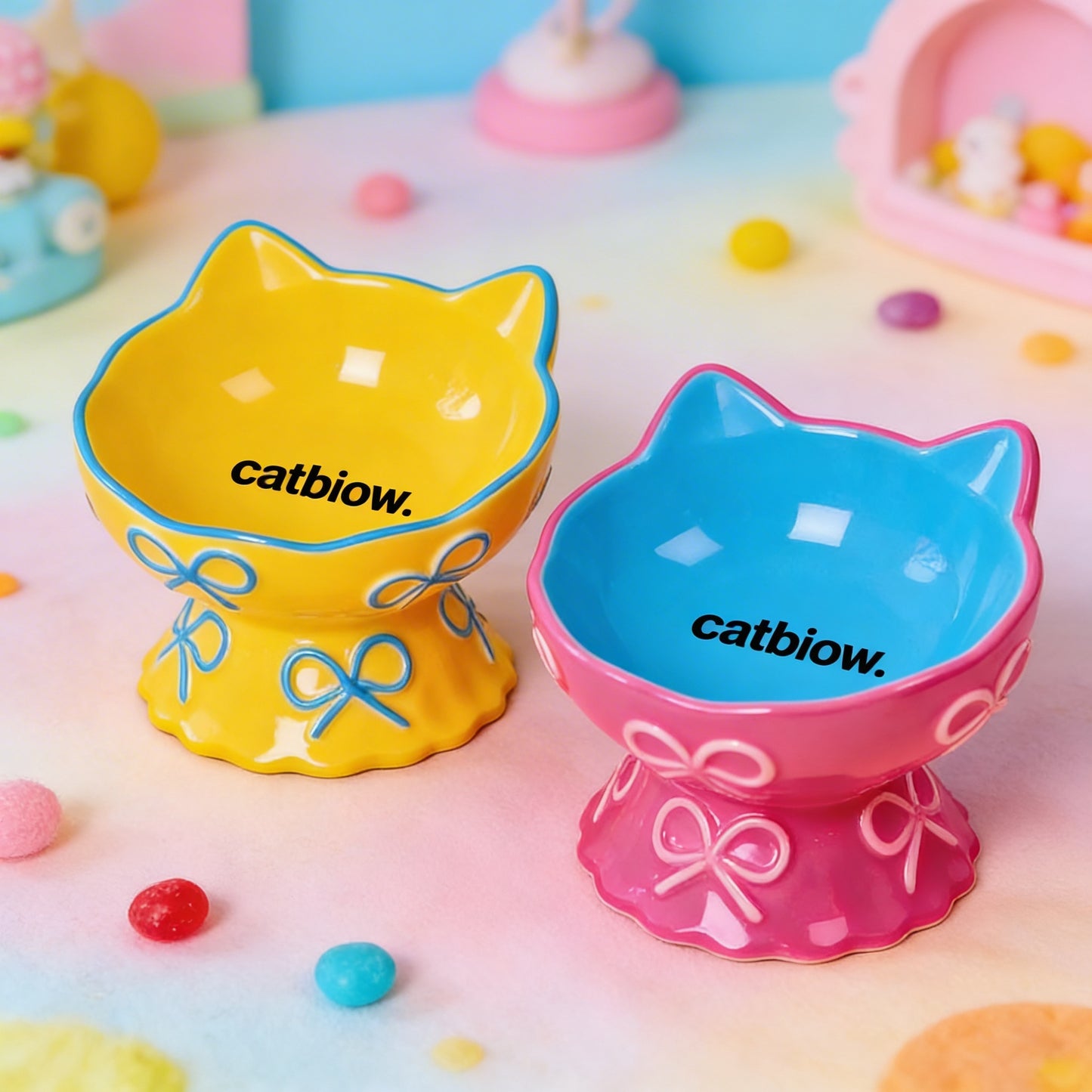 Cat Biow® Cat Bowls - Cute Ceramic Food and Water Bowls with Bow Tie Design, Cat Ears, and Brand Logo – Perfect for Cats & Small Pets