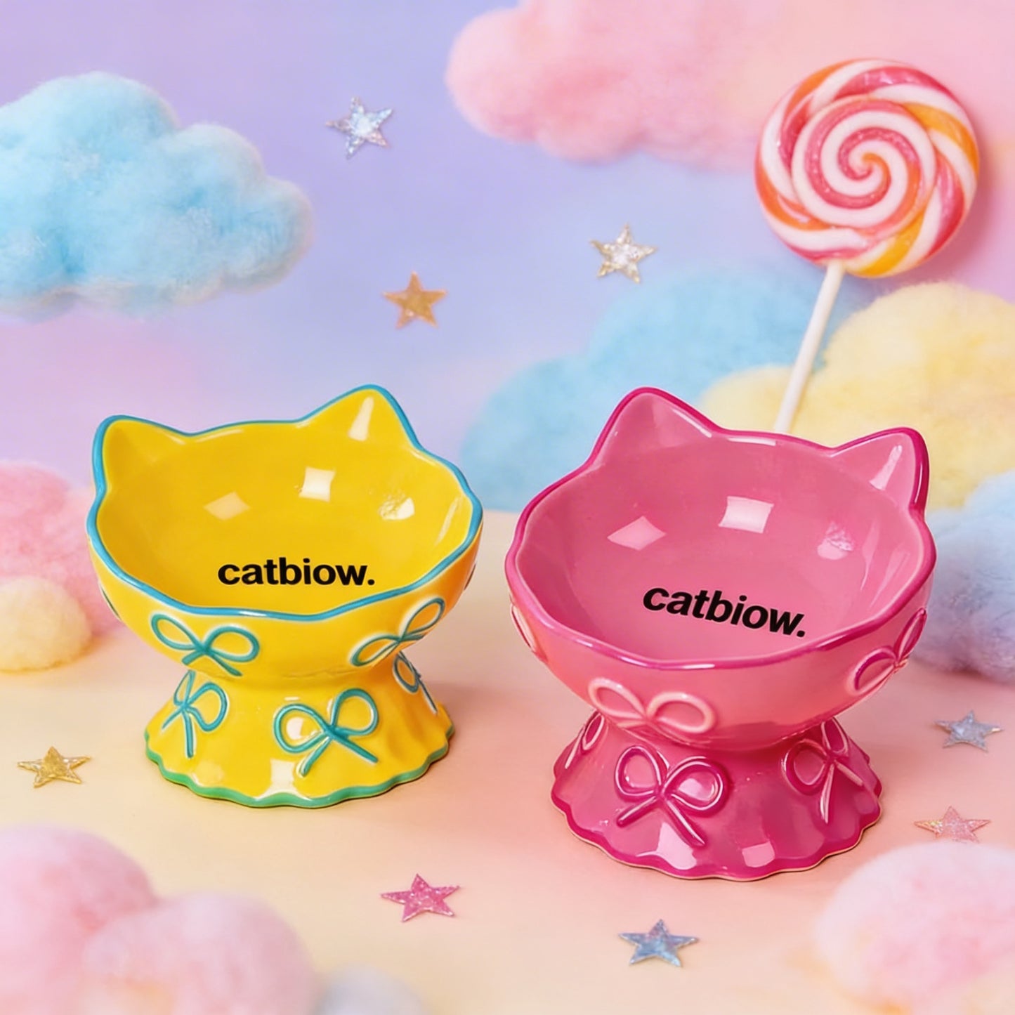 Cat Biow® Cat Bowls - Cute Ceramic Food and Water Bowls with Bow Tie Design, Cat Ears, and Brand Logo – Perfect for Cats & Small Pets