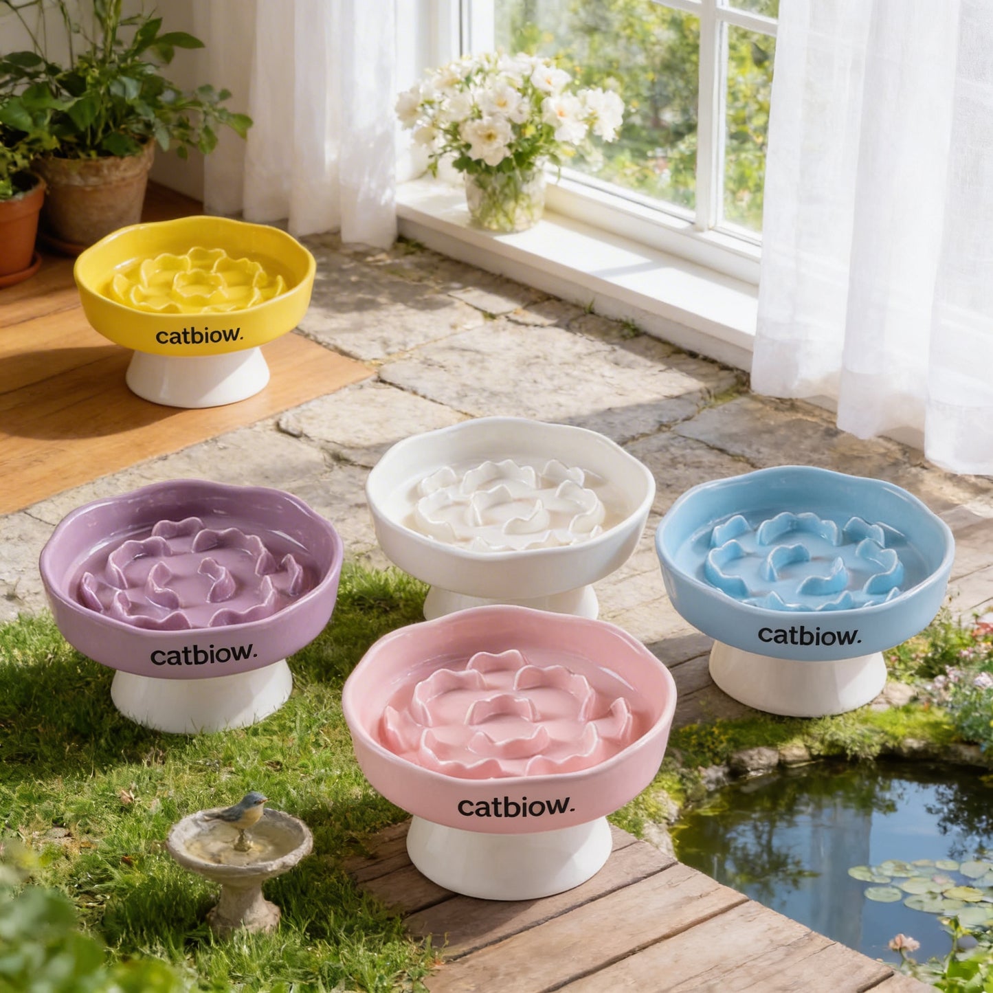Cat Biow® Flower Shaped Ceramic Cat Bowls - Vibrant Colorful Bowls with Raised Patterns, Non-Slip Base, and Cat-Ear Design – Perfect for Food & Water