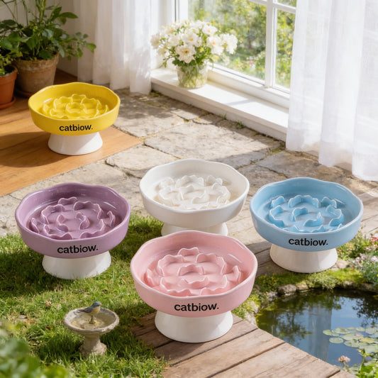 Cat Biow® Flower Shaped Ceramic Cat Bowls - Vibrant Colorful Bowls with Raised Patterns, Non-Slip Base, and Cat-Ear Design – Perfect for Food & Water