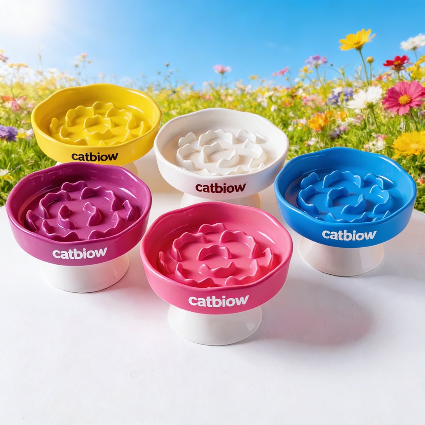 Cat Biow® Flower Shaped Ceramic Cat Bowls - Vibrant Colorful Bowls with Raised Patterns, Non-Slip Base, and Cat-Ear Design – Perfect for Food & Water