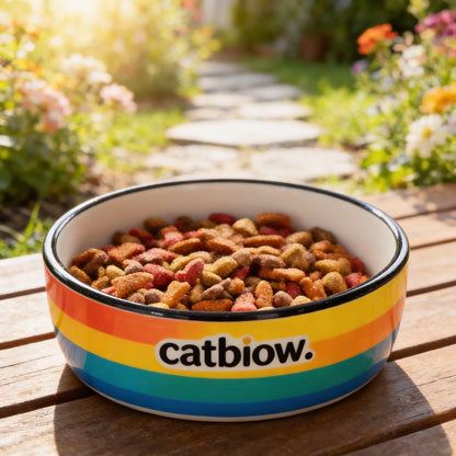 Cat Biow® Rainbow Ceramic Cat Bowl – Colorful, Durable Food & Water Bowl with Wide Design, Non-Slip Base