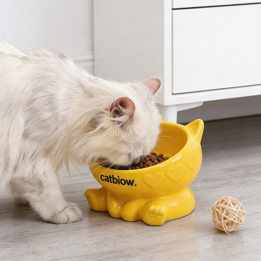 Cat Biow® Heart-Paw Ceramic Cat Bowls – Colorful & Adorable Cat Bowl Set with Non-Slip Base – Perfect for Food & Water, Featuring Cat Biow® Logo