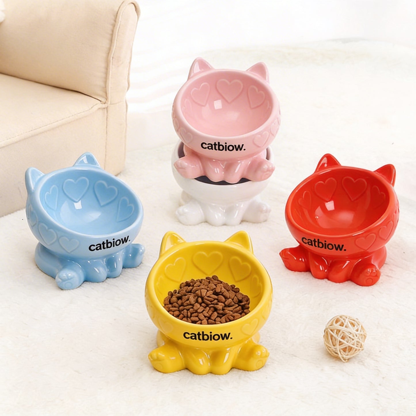 Cat Biow® Heart-Paw Ceramic Cat Bowls – Colorful & Adorable Cat Bowl Set with Non-Slip Base