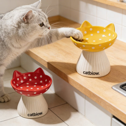 Cat Biow® Ceramic Cat Bowls with Cat-Ear & Polka Dot Design – Fun, Colorful Food & Water Bowls with Non-Slip Base, Ideal for Cats & Small Pets