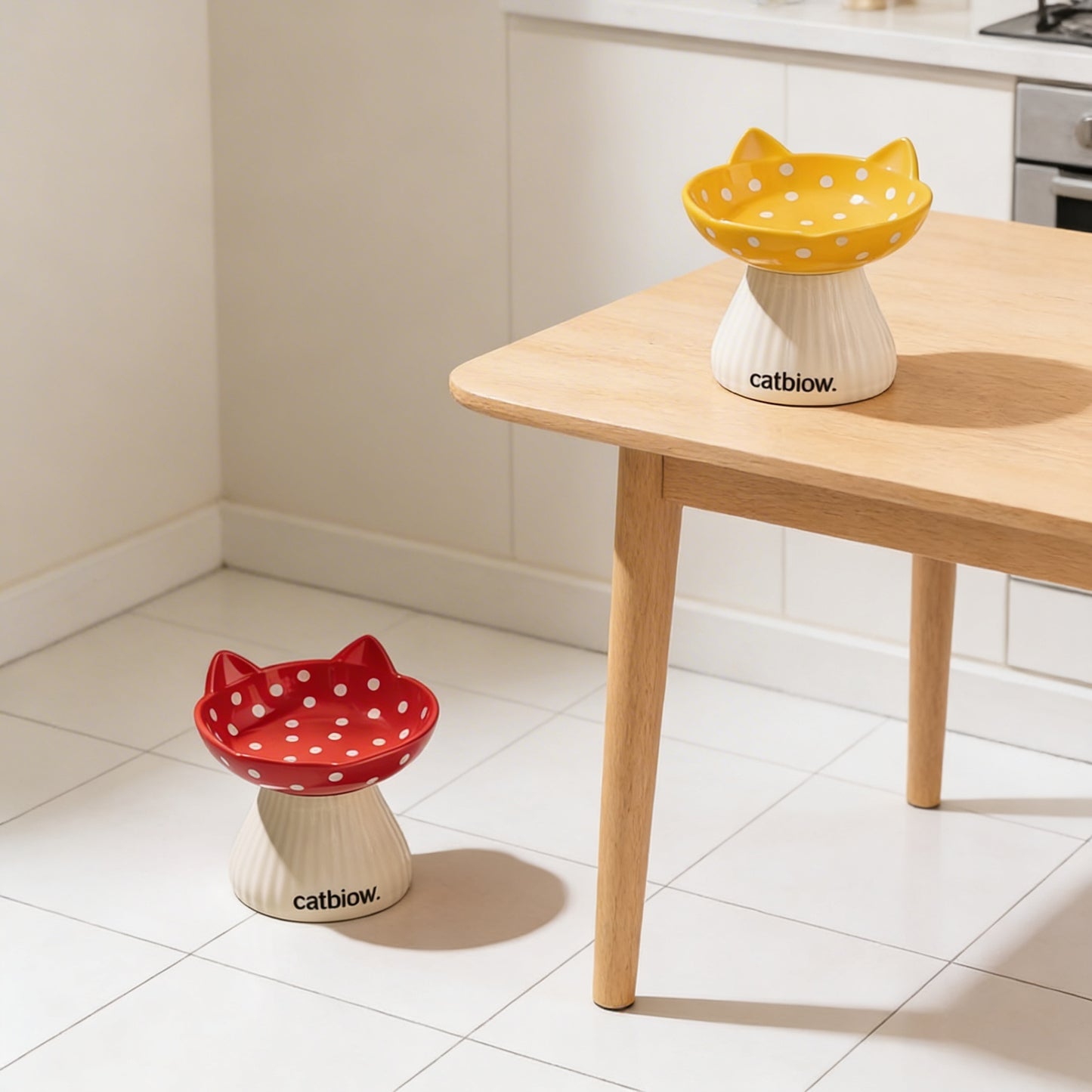 Cat Biow® Ceramic Cat Bowls with Cat-Ear & Polka Dot Design – Fun, Colorful Food & Water Bowls with Non-Slip Base, Ideal for Cats & Small Pets