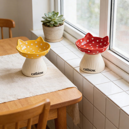 Cat Biow® Ceramic Cat Bowls with Cat-Ear & Polka Dot Design – Fun, Colorful Food & Water Bowls with Non-Slip Base, Ideal for Cats & Small Pets