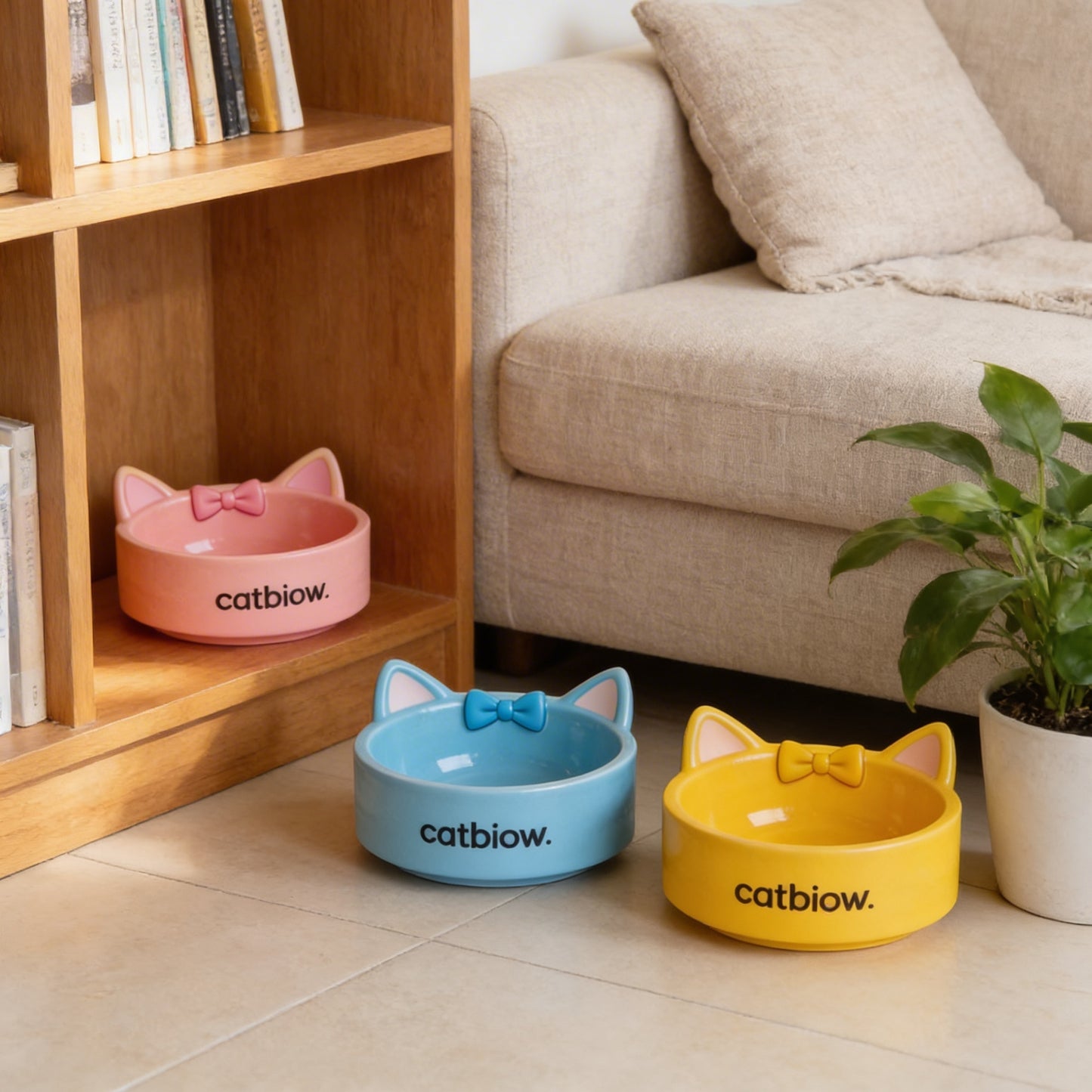Cat Biow® Cat Bowls – Cute Cat-Ear & Bow Design Ceramic Bowls for Food and Water, Non-Slip Base, Fun and Functional Pet Bowls